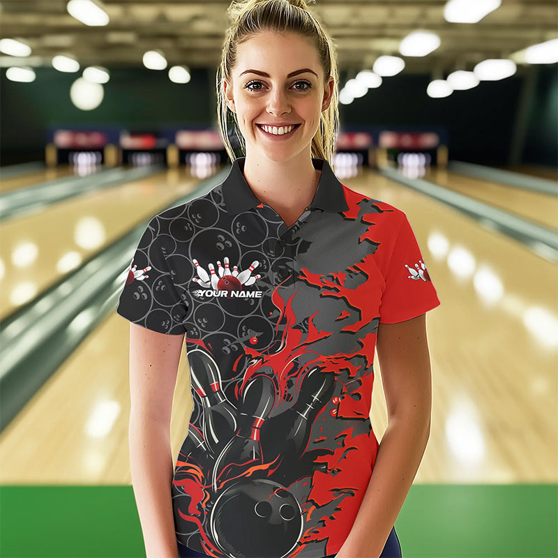 Custom Black And Red Flame Bowling Polo Shirts For Women, Bowling Tournament Team Uniform IPHW8616