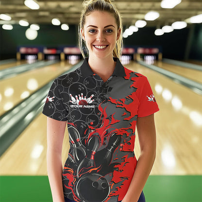 Custom Black And Red Flame Bowling Polo Shirts For Women, Bowling Tournament Team Uniform IPHW8616