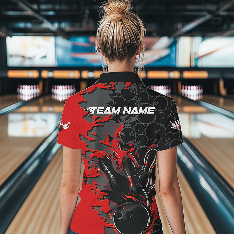 Custom Black And Red Flame Bowling Polo Shirts For Women, Bowling Tournament Team Uniform IPHW8616
