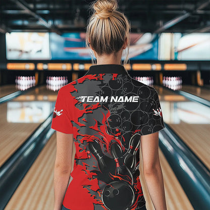 Custom Black And Red Flame Bowling Polo Shirts For Women, Bowling Tournament Team Uniform IPHW8616
