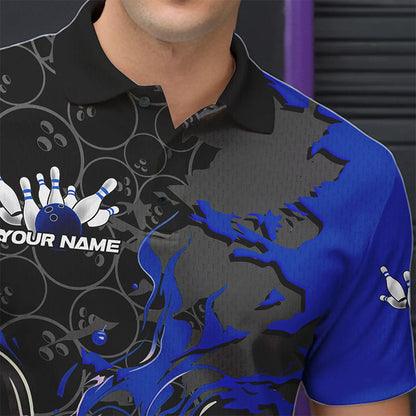 Custom Black And Blue Flame Bowling Polo Shirts For Men, Bowling Tournament Team Uniform IPHW8617