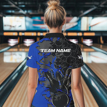 Load image into Gallery viewer, Custom Black And Blue Flame Bowling Polo Shirts For Women, Bowling Tournament Team Uniform IPHW8617