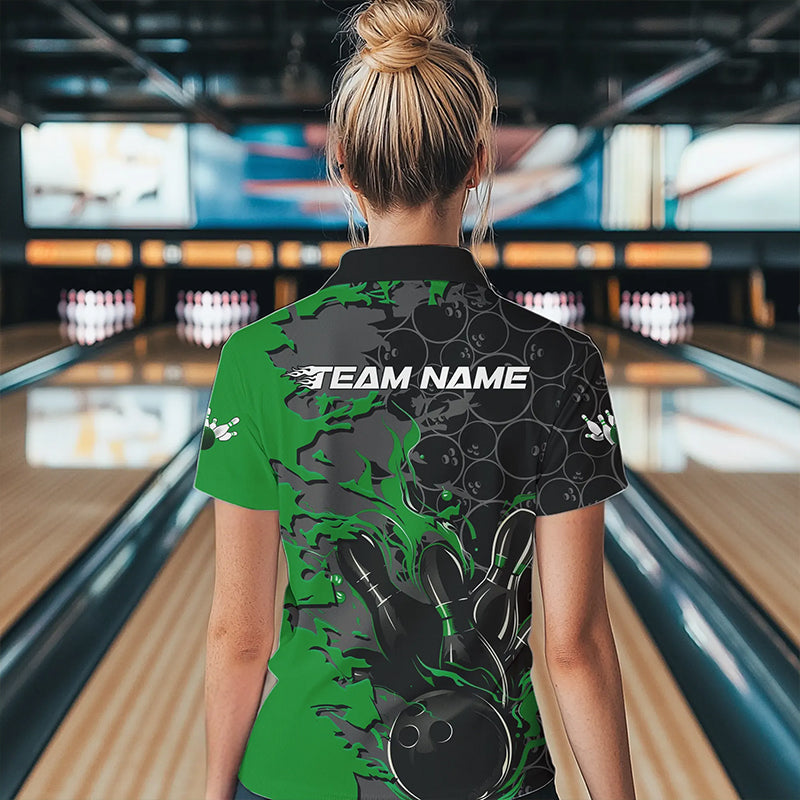 Custom Black And Green Flame Bowling Polo Shirts For Women, Bowling Tournament Team Uniform IPHW8618