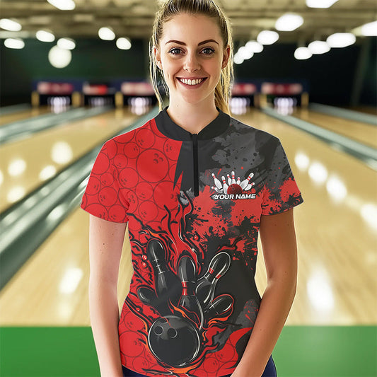 Custom Black And Red Splatter Camo Flame Bowling Womens Quarter-Zip Shirt, Team Uniform IPHW8625