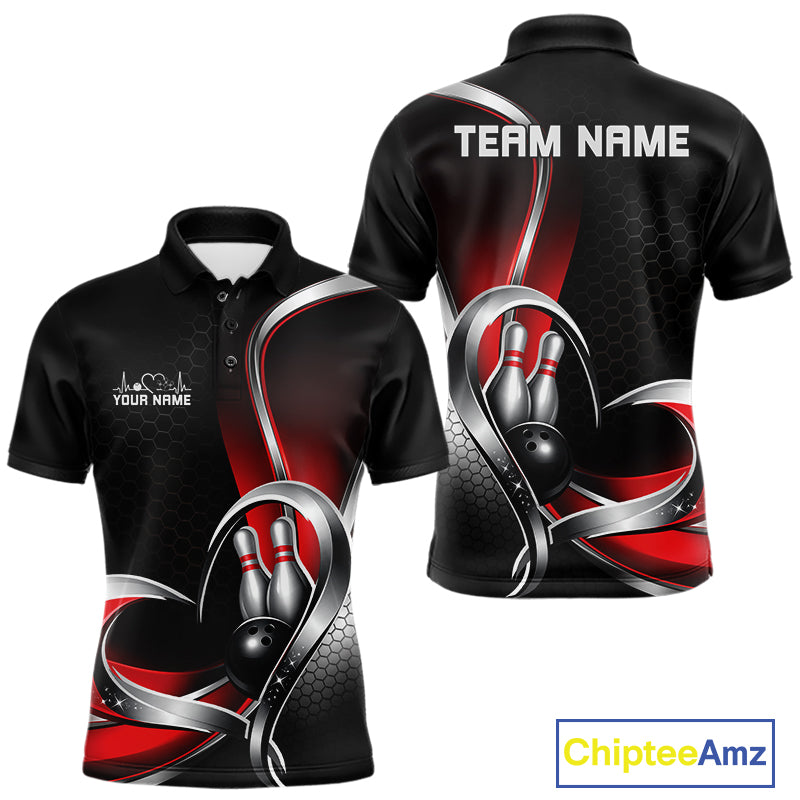 Front and back view of a mens bowling polo shirt mockup in black and red, featuring honeycomb pattern with a heart-shaped bowling ball striking pins.