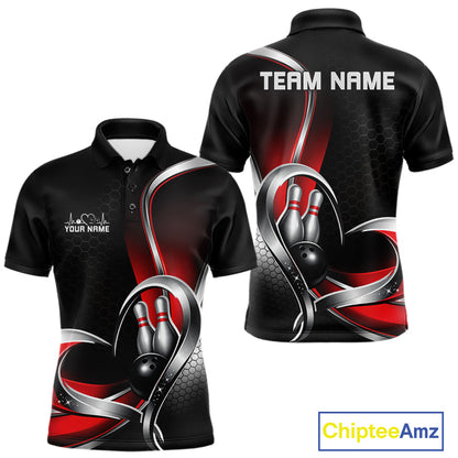 Front and back view of a mens bowling polo shirt mockup in black and red, featuring honeycomb pattern with a heart-shaped bowling ball striking pins.
