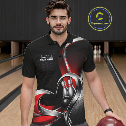 Male model in a bowling lane wearing a black and red polo shirt with honeycomb texture and a heart-framed bowling strike illustration.