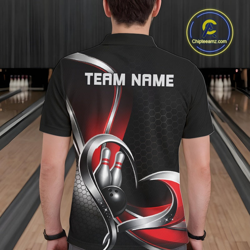 Back view of a male model in a bowling venue wearing a black and red polo shirt, showcasing honeycomb pattern and heart-shaped bowling action graphic.