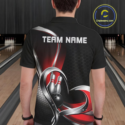 Back view of a male model in a bowling venue wearing a black and red polo shirt, showcasing honeycomb pattern and heart-shaped bowling action graphic.
