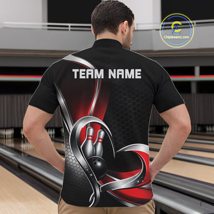Male model in a bowling alley wearing a black and red quarter zip shirt, showcasing honeycomb texture with a heart-shaped bowling action scene.