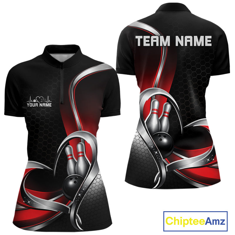 Front and back view of a womens bowling quarter zip shirt mockup in black and red, featuring honeycomb pattern and heart-shaped bowling strike artwork with ball and pins.