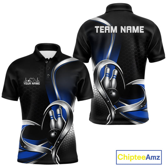 Front and back view of a mens bowling polo shirt mockup in black and blue, featuring honeycomb pattern with a heart-shaped bowling strike illustration.