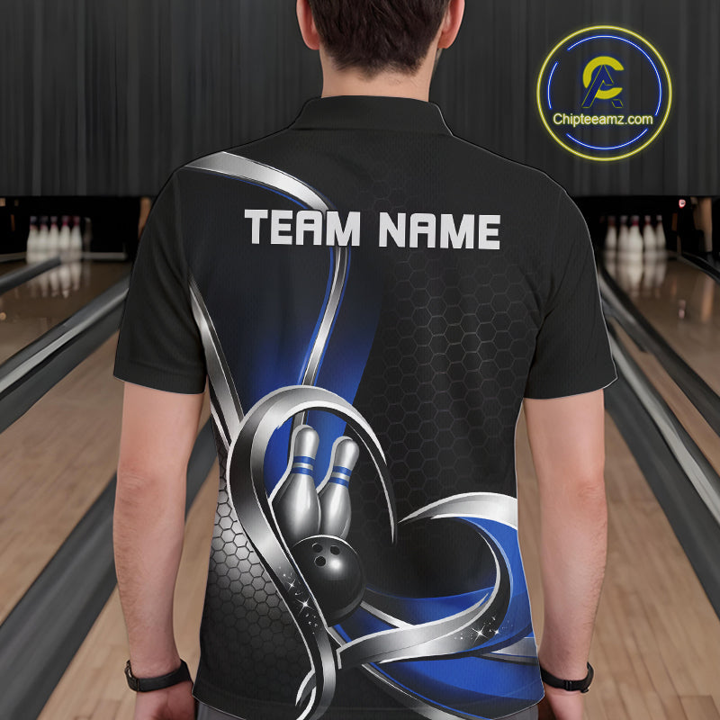 Back view of a male model in a bowling alley wearing a black and blue polo shirt, showcasing honeycomb texture with heart-shaped bowling action artwork.