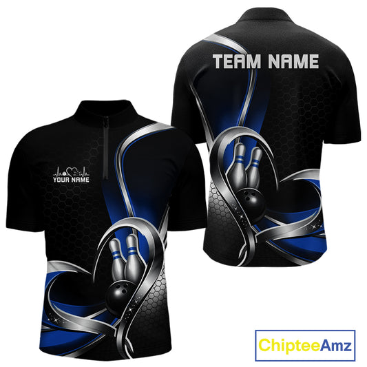 Front and back view of a mens bowling quarter zip shirt mockup in black and blue, featuring honeycomb pattern with a heart-shaped bowling ball and pins design.
