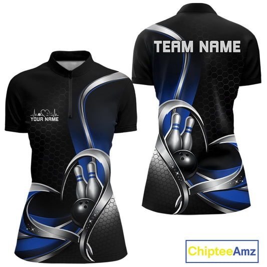 Front and back view of a womens bowling quarter zip mockup in black and blue, featuring a honeycomb pattern and heart-shaped framing around a bowling ball and pins.