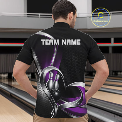 Male model in a bowling alley wearing a black and purple quarter zip shirt, showcasing honeycomb pattern with a heart-shaped bowling strike illustration.