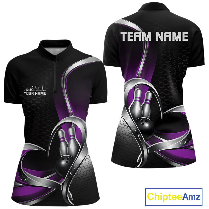 Front and back view of a womens bowling quarter zip shirt mockup in black and purple, featuring a honeycomb pattern and heart design surrounding a black bowling ball and pins.