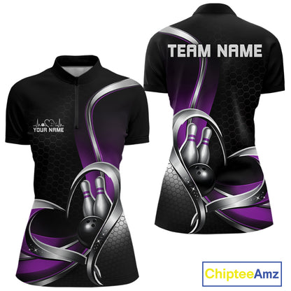 Front and back view of a womens bowling quarter zip shirt mockup in black and purple, featuring a honeycomb pattern and heart design surrounding a black bowling ball and pins.