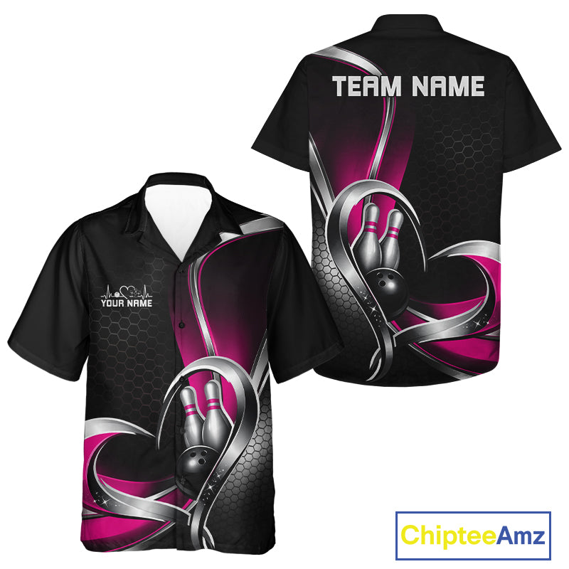 Front and back view of a button-up bowling shirt mockup in black and pink, featuring a honeycomb pattern with a heart-shaped bowling ball and pins graphic.