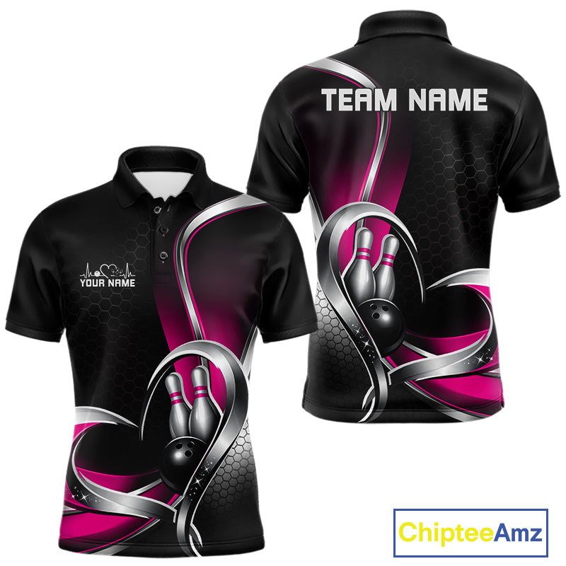 Front and back view of a mens bowling polo shirt mockup in black and pink, featuring honeycomb pattern with a heart-shaped bowling ball and pins.