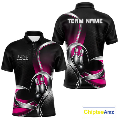 Front and back view of a mens bowling polo shirt mockup in black and pink, featuring honeycomb pattern with a heart-shaped bowling ball and pins.