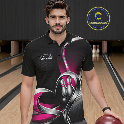 Male model in a bowling lane wearing a black and pink polo shirt with honeycomb texture and a heart-framed bowling strike illustration.