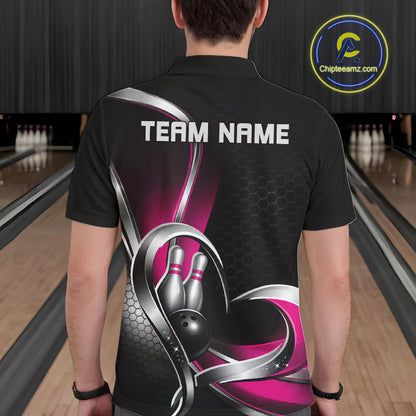 Back view of a male model in a bowling venue wearing a black and pink polo shirt, showcasing honeycomb pattern with a heart-shaped bowling action design.