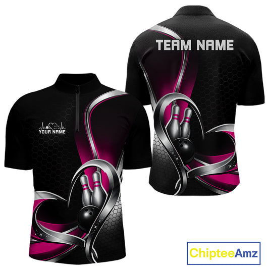 Front and back view of a mens bowling quarter zip shirt mockup in black and pink, featuring honeycomb pattern with a heart-shaped bowling ball and pins design.