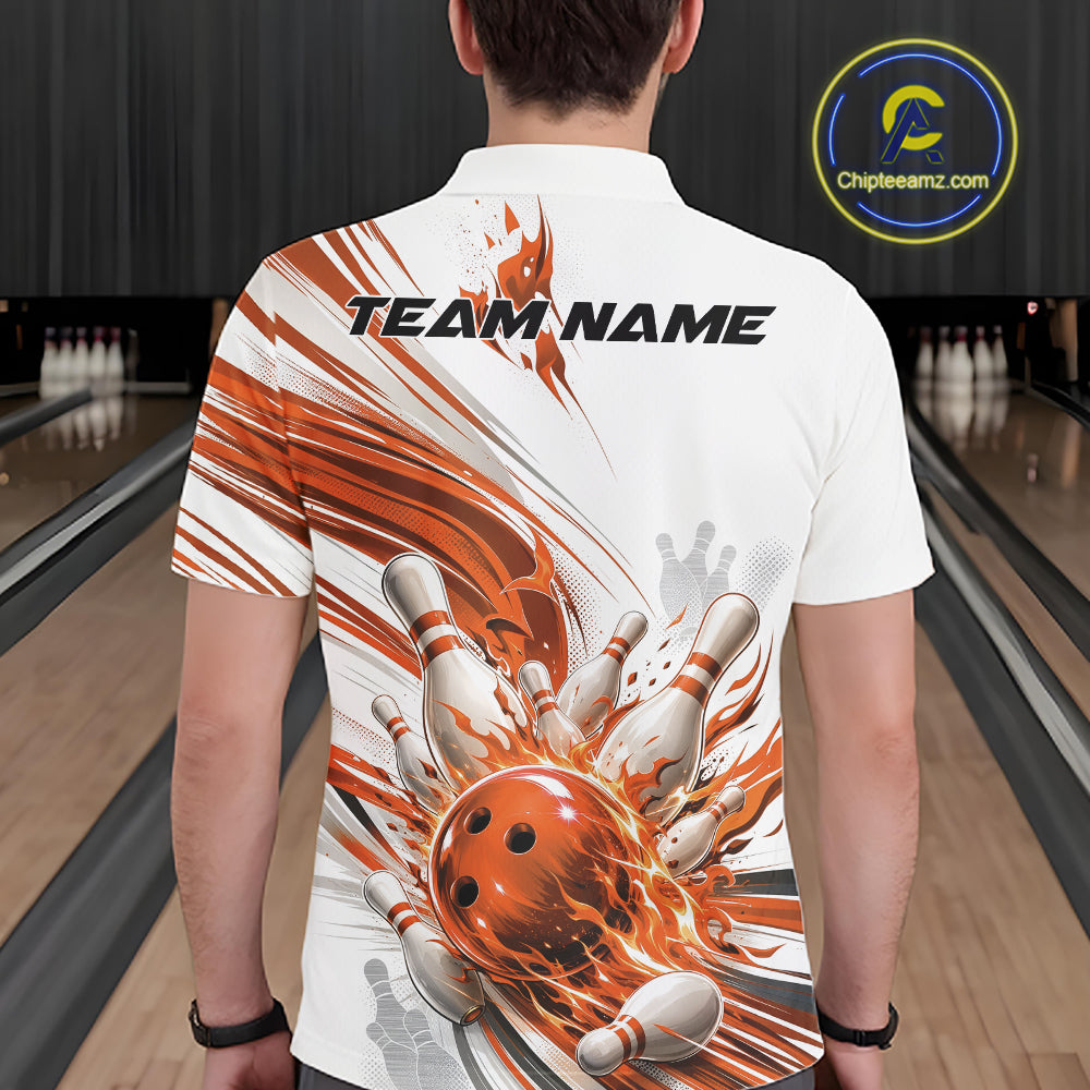 A man viewed from behind wearing a white short-sleeve polo shirt with a large bowling-themed graphic print in orange, black, and gray. The shirt features the text 'TEAM NAME' across the upper back and a dynamic design of a bowling ball striking pins.