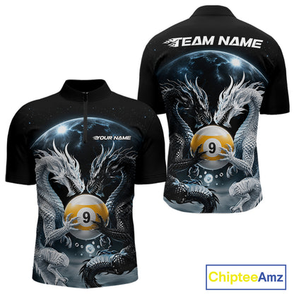 Front and back views of a black short-sleeve shirt with a full-zip collar, featuring a detailed graphic print of two white dragons around a yellow billiard 9-ball on a space-themed background. 