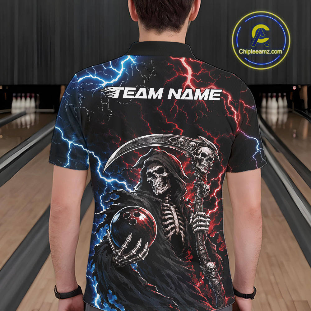 A man viewed from behind wearing a black short-sleeve bowling shirt with a large grim reaper graphic, blue and red lightning, and the text 'TEAM NAME' across the upper back. Bowling lanes are visible in the background