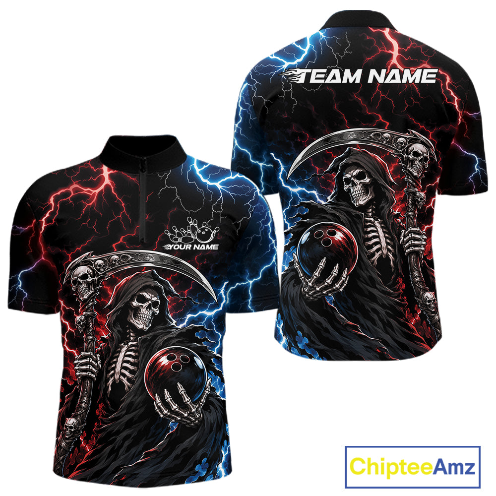 A short-sleeve quarter-zip shirt shown from both front and back, featuring a dark grim reaper graphic with a scythe, skeleton, red lightning, and blue lightning on a black background. The front has placeholder text 'YOUR NAME' and 'TEAM NAME' on the back