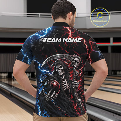 A man viewed from behind wearing a short-sleeve black bowling shirt with a large grim reaper graphic, blue and red lightning, and the text 'TEAM NAME' across the upper back.