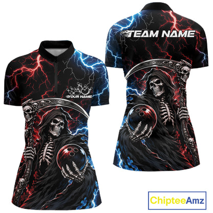 Front and back views of a black short-sleeve qquarter-zip shirt featuring a grim reaper graphic with a skull, red and blue lightning effects, and bowling ball details. The back view shows 'TEAM NAME' text at the collar, and the front shows 'YOUR NAME' text.