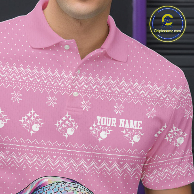 Custom Funny Santa Christmas Men Bowling Polo Shirts, Pink Xmas Bowling Team Outfit IPHW10140