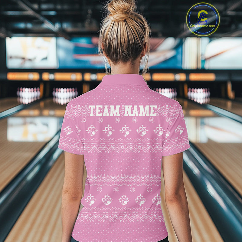Custom Funny Santa Christmas Women Bowling Polo Shirts, Pink Xmas Bowling Team Outfit IPHW10140