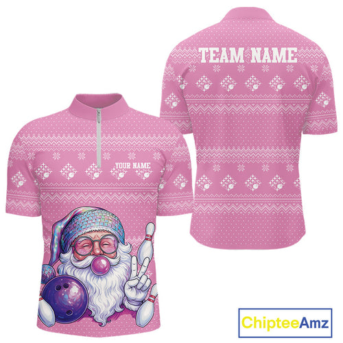 Custom Funny Santa Christmas Men Bowling Quarter-Zip Shirts, Pink Xmas Bowling Team Outfit IPHW10140