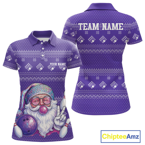 Custom Funny Santa Christmas Women Bowling Polo Shirts, Purple Xmas Bowling Team Outfit IPHW10141