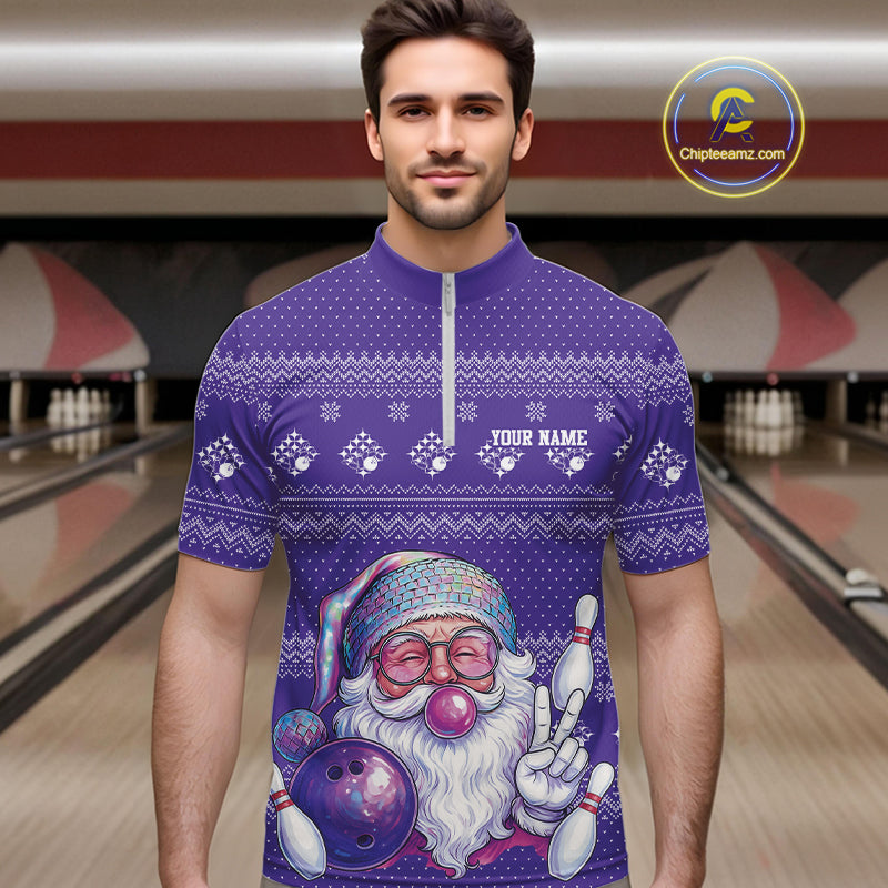 Custom Funny Santa Christmas Men Bowling Quarter-Zip Shirts, Purple Xmas Bowling Team Outfit IPHW10141