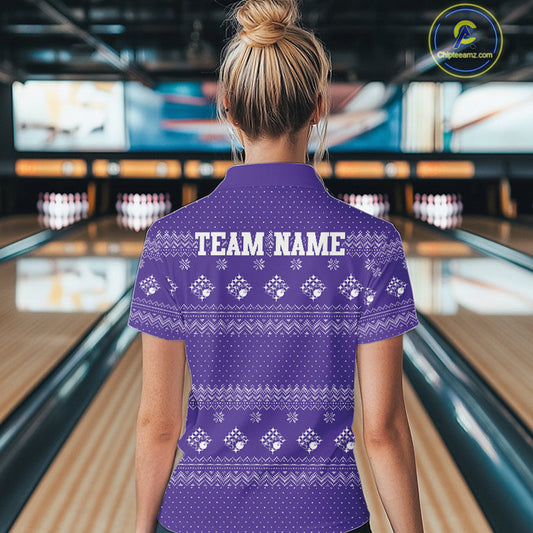 Custom Funny Santa Christmas Women Bowling Quarter-Zip Shirts, Purple Xmas Team Outfit IPHW10141