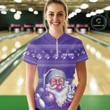 Load image into Gallery viewer, Custom Funny Santa Christmas Women Bowling Quarter-Zip Shirts, Purple Xmas Team Outfit IPHW10141