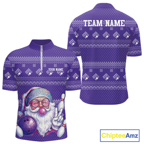Custom Funny Santa Christmas Men Bowling Quarter-Zip Shirts, Purple Xmas Bowling Team Outfit IPHW10141