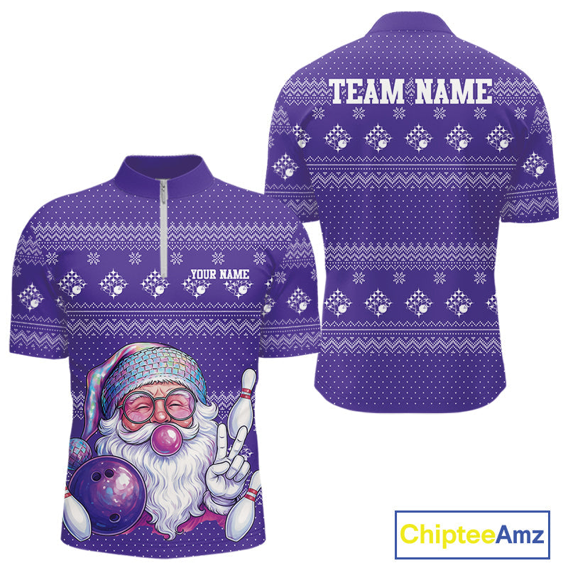 Custom Funny Santa Christmas Men Bowling Quarter-Zip Shirts, Purple Xmas Bowling Team Outfit IPHW10141