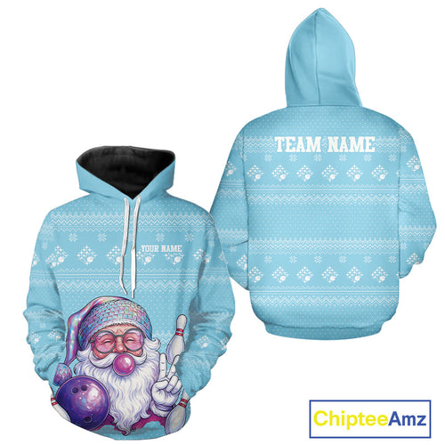 Custom Funny Santa Christmas Men And Women Bowling Hoodie Shirts, Light Blue Xmas Team Outfit IPHW10142