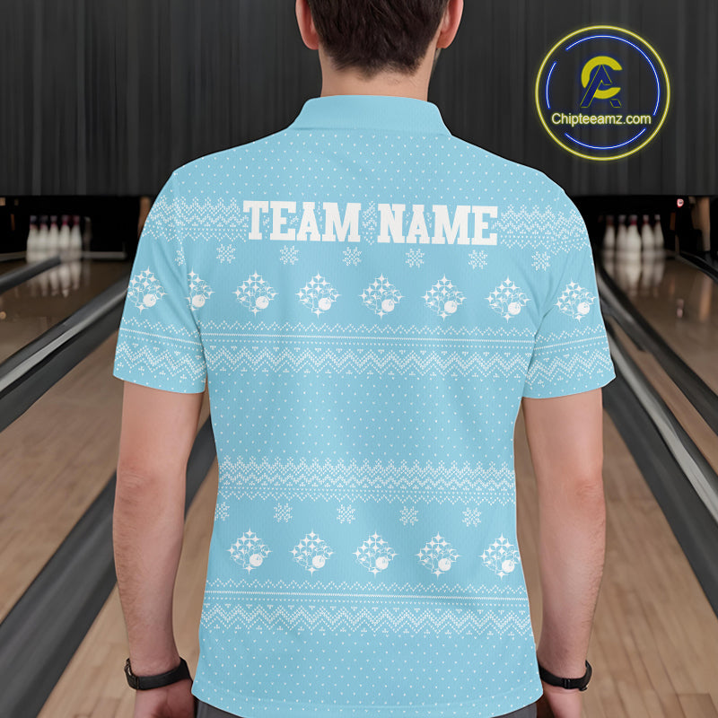 Custom Funny Santa Christmas Men Bowling Polo Shirts, Light Blue Xmas Team Outfit IPHW10142