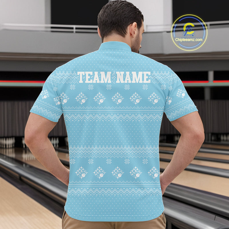 Custom Funny Santa Christmas Men Bowling Quarter-Zip Shirts, Light Blue Xmas Team Outfit IPHW10142
