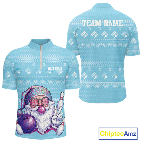 Custom Funny Santa Christmas Men Bowling Quarter-Zip Shirts, Light Blue Xmas Team Outfit IPHW10142