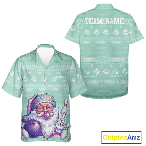 Custom Funny Santa Christmas Men And Women Bowling Hawaiian Shirts, Mint Green Xmas Team Outfit IPHW10143