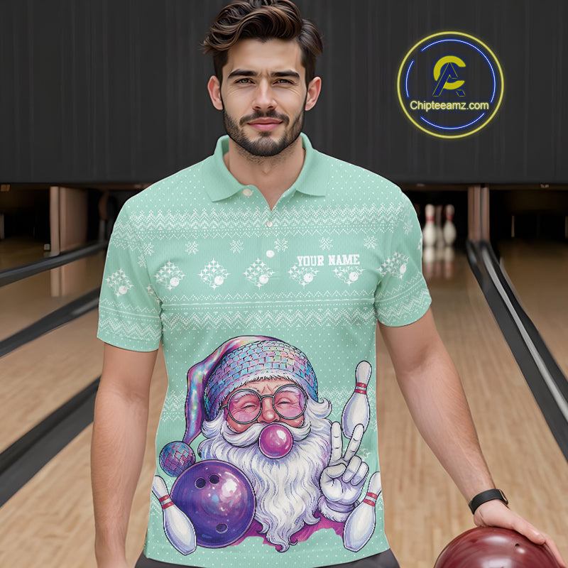 Custom Funny Santa Christmas Men Bowling Polo Shirts, Mint Green Xmas Team Outfit IPHW10143