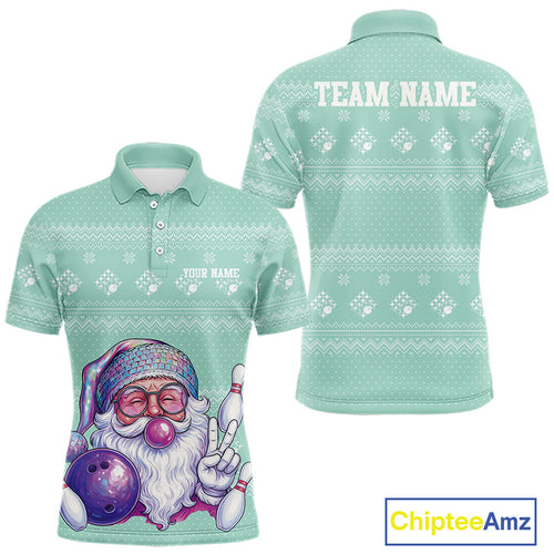 Custom Funny Santa Christmas Men Bowling Polo Shirts, Mint Green Xmas Team Outfit IPHW10143